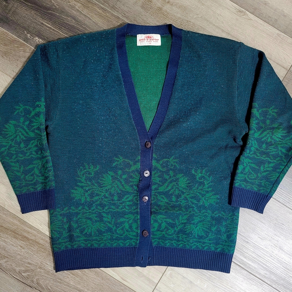 Vintage Prêt-à-Porter Wool Cardigan Medium Green Leaf Knit Button Front